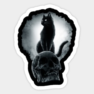 Black cat standing on a scary skull, Cats Rule Sticker